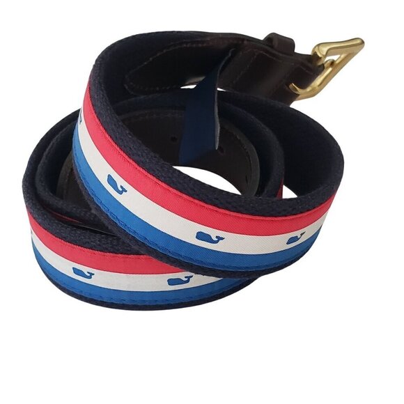 Men's 36 Vineyard Vines Red White Blue USA Stripe Whale Logo Canvas Belt Preppy - Picture 3 of 12